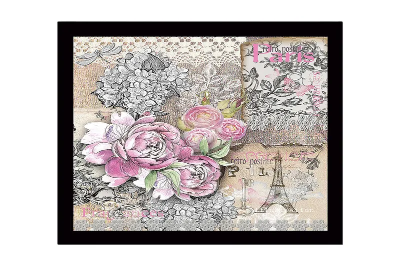 Innrammet lerretsbilde i tre - 41x56 cm - Blomsterkomposisjon med roser og vintage-elementer, Rosa / Grå / Beige