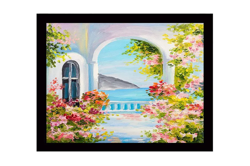 Innrammet lerretsbilde i tre - 41x56 cm - Blomstrende balkong med havutsikt - Rosa / Grønn / Blå - Innredning - Bilder & kunst