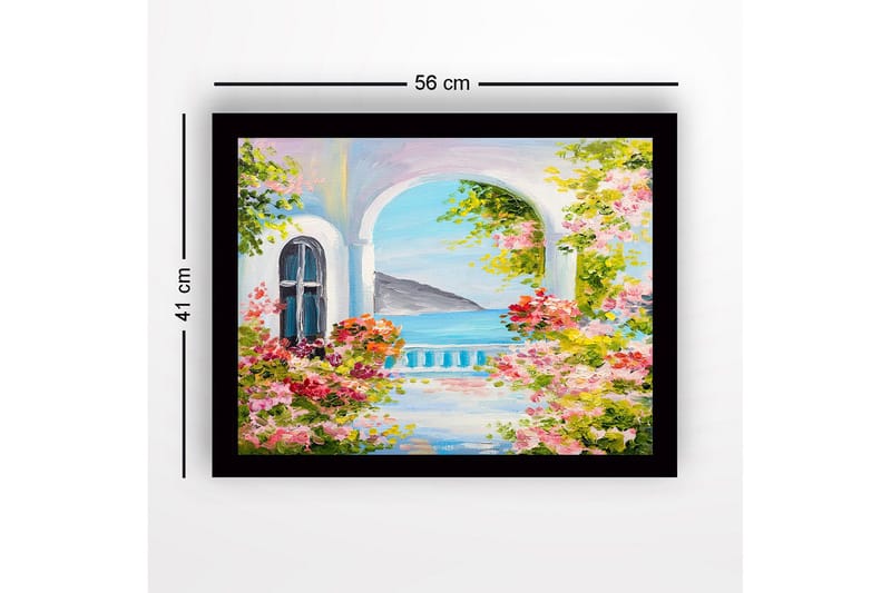 Innrammet lerretsbilde i tre - 41x56 cm - Blomstrende balkong med havutsikt - Rosa / Grønn / Blå - Innredning - Bilder & kunst