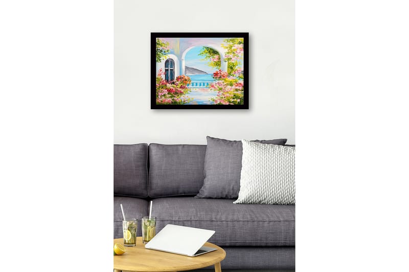 Innrammet lerretsbilde i tre - 41x56 cm - Blomstrende balkong med havutsikt - Rosa / Grønn / Blå - Innredning - Bilder & kunst