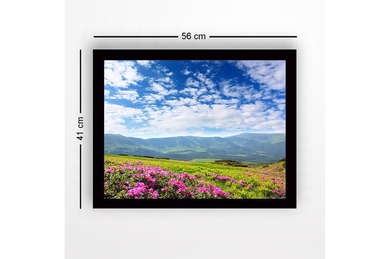 Innrammet lerretsbilde i tre - 41x56 cm - Blomstrende eng med rosa blomster og fjerne fjell i bakgrunnen - Rosa / Grønn / Blå - Innredning - Bilder & kunst