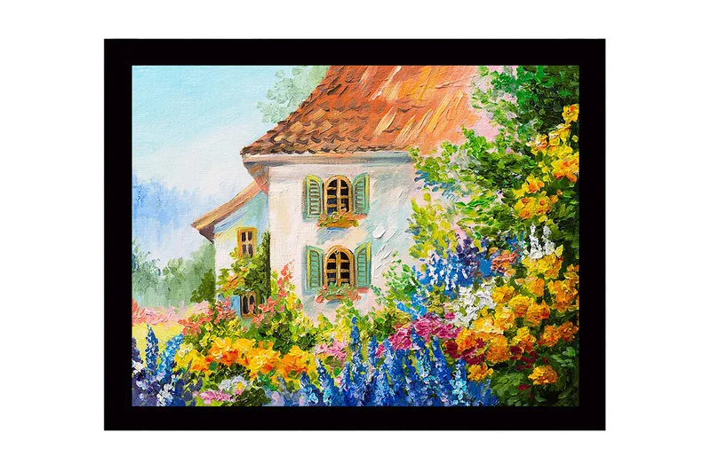 Innrammet lerretsbilde i tre - 41x56 cm - Blomstrende hage med et sjarmerende hus - Grønn / Oransje / Blå - Innredning - Bilder & kunst