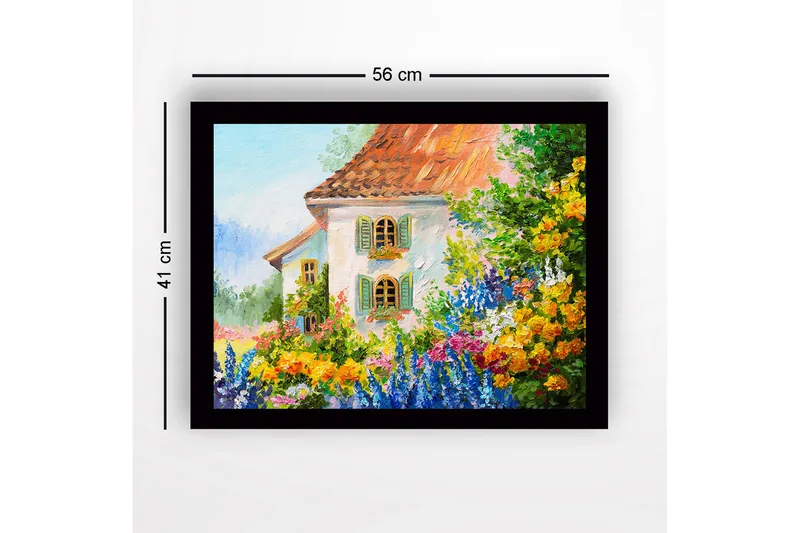 Innrammet lerretsbilde i tre - 41x56 cm - Blomstrende hage med et sjarmerende hus - Grønn / Oransje / Blå - Innredning - Bilder & kunst