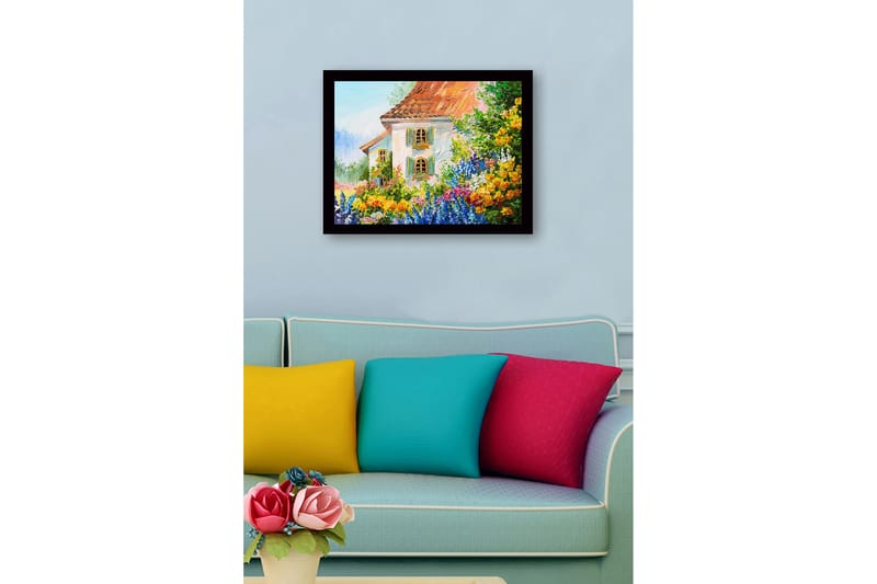 Innrammet lerretsbilde i tre - 41x56 cm - Blomstrende hage med et sjarmerende hus - Grønn / Oransje / Blå - Innredning - Bilder & kunst