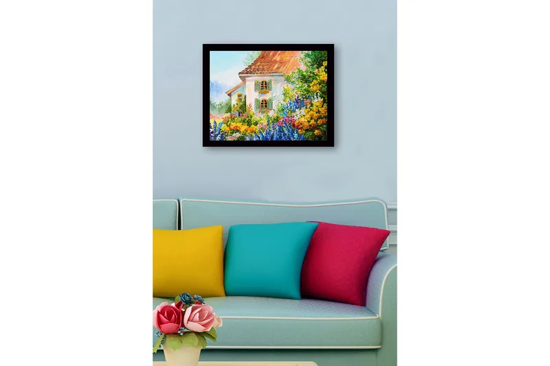 Innrammet lerretsbilde i tre - 41x56 cm - Blomstrende hage med et sjarmerende hus - Grønn / Oransje / Blå - Innredning - Bilder & kunst