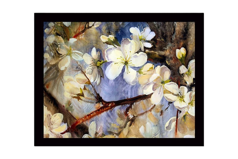 Innrammet lerretsbilde i tre - 41x56 cm - Blomstrende kirsebærgrener i myke pastellfarger, Hvit / Lys blå / Grønn