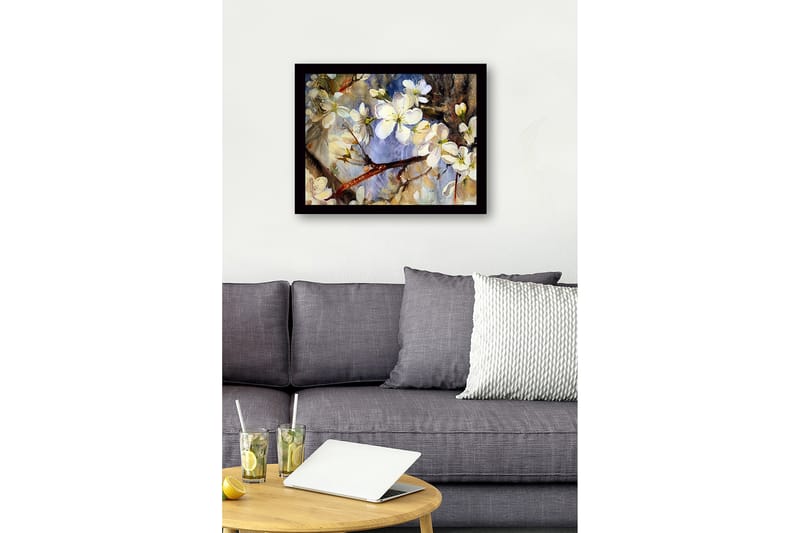Innrammet lerretsbilde i tre - 41x56 cm - Blomstrende kirsebærgrener i myke pastellfarger - Hvit / Lys blå / Grønn - Innredning - Bilder & kunst
