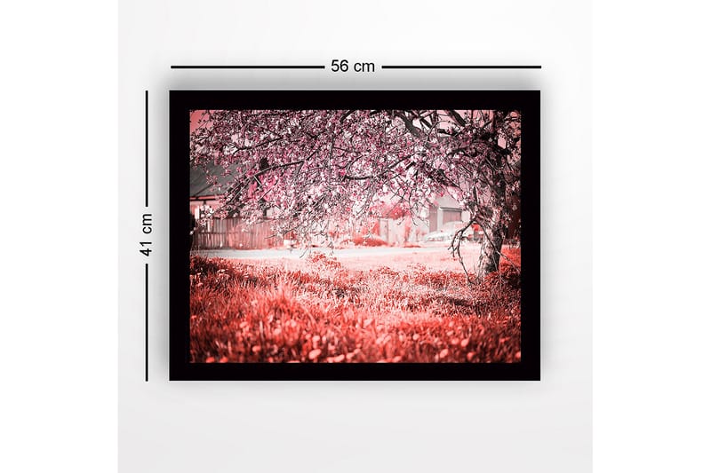 Innrammet lerretsbilde i tre - 41x56 cm - Blomstrende kirsebærtrær i et drømmeaktig landskap - Rosa / Grønn / Hvit - Innredning - Bilder & kunst