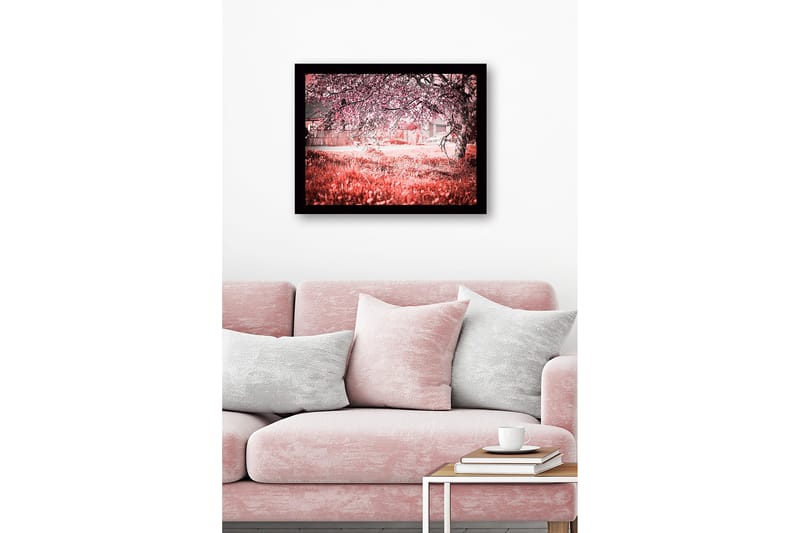 Innrammet lerretsbilde i tre - 41x56 cm - Blomstrende kirsebærtrær i et drømmeaktig landskap - Rosa / Grønn / Hvit - Innredning - Bilder & kunst