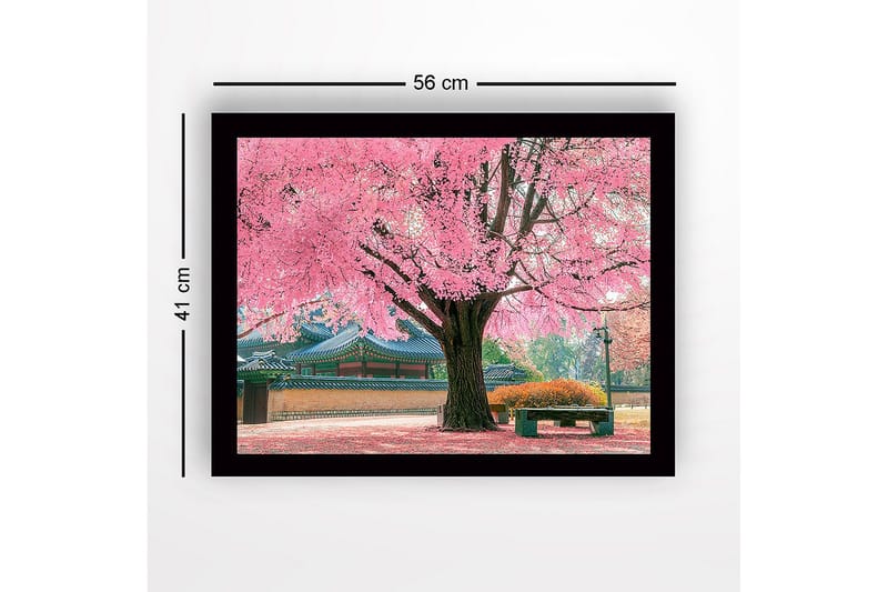Innrammet lerretsbilde i tre - 41x56 cm - Blomstrende kirsebærtrær i vakre parkomgivelser - Rosa / Grønn / Brun - Innredning - Bilder & kunst