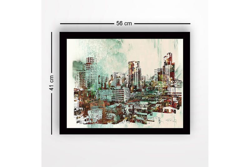 Innrammet lerretsbilde i tre - 41x56 cm - Bylandskap med moderne skyskrapere og bygninger - Grønn / Rød / Beige - Innredning - Bilder & kunst