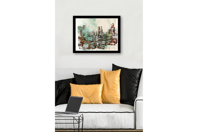 Innrammet lerretsbilde i tre - 41x56 cm - Bylandskap med moderne skyskrapere og bygninger - Grønn / Rød / Beige - Innredning - Bilder & kunst