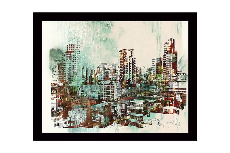 Innrammet lerretsbilde i tre - 41x56 cm - Bylandskap med moderne skyskrapere og bygninger - Grønn / Rød / Beige - Innredning - Bilder & kunst