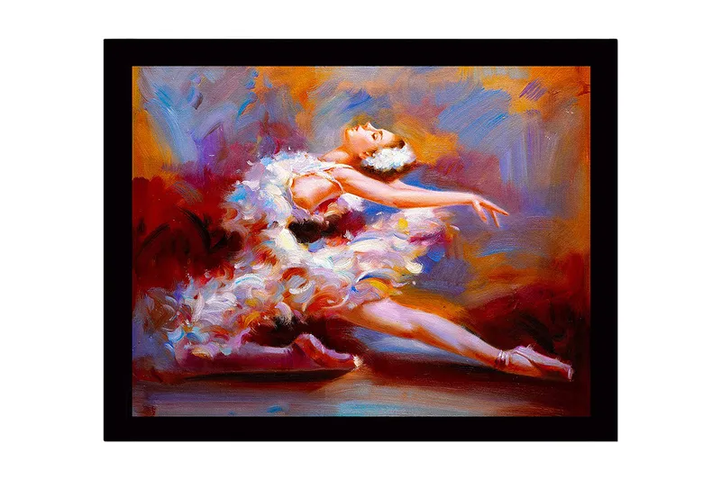 Innrammet lerretsbilde i tre - 41x56 cm - Dansende ballerina i en fargerik kjole, Rød / Hvit / Oransje