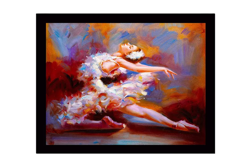 Innrammet lerretsbilde i tre - 41x56 cm - Dansende ballerina i en fargerik kjole, Rød / Hvit / Oransje