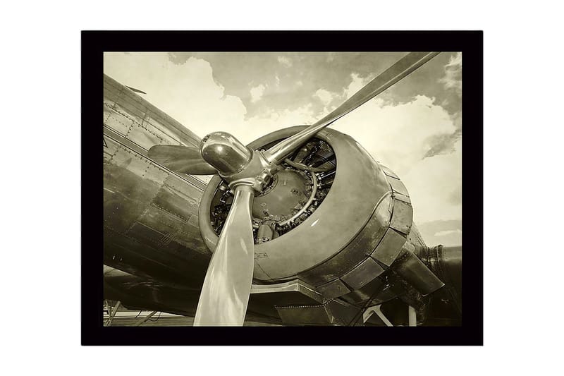 Innrammet lerretsbilde i tre - 41x56 cm - Detaljert nærbilde av en flypropell og motor, Grå / Svart / Sølv