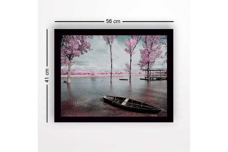 Innrammet lerretsbilde i tre - 41x56 cm - Drømmende landskap med rosa trær ved en rolig innsjø - Rosa / Grå / Svart - Innredning - Bilder & kunst