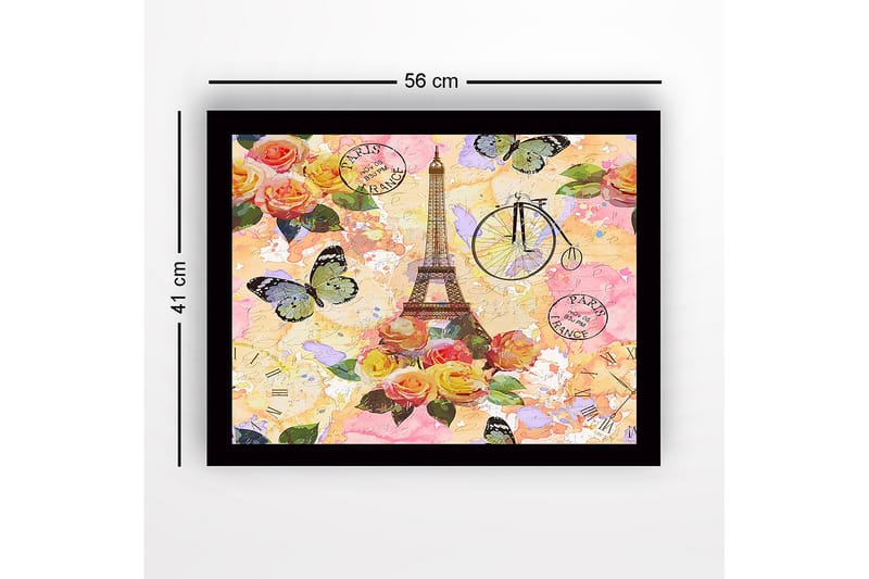 Innrammet lerretsbilde i tre - 41x56 cm - Eiffeltårnet omgitt av fargerike blomster og sommerfugler - Rosa / Gul / Grønn - Innredning - Bilder & kunst