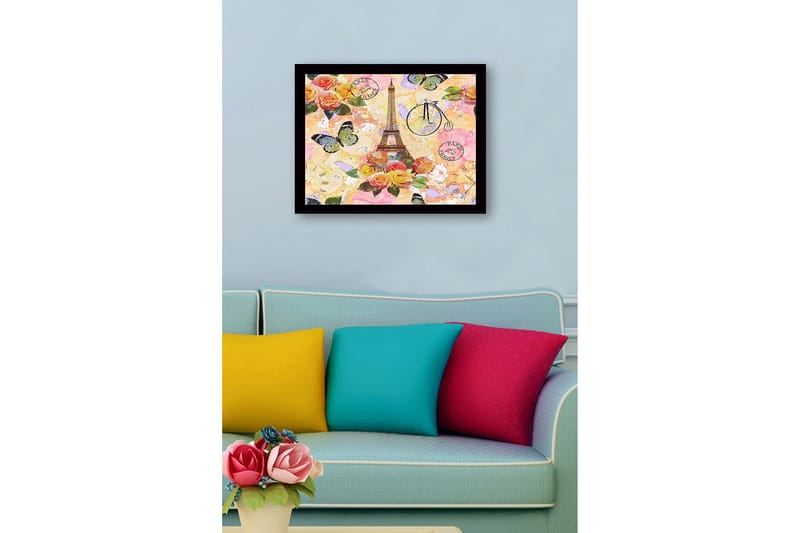 Innrammet lerretsbilde i tre - 41x56 cm - Eiffeltårnet omgitt av fargerike blomster og sommerfugler - Rosa / Gul / Grønn - Innredning - Bilder & kunst