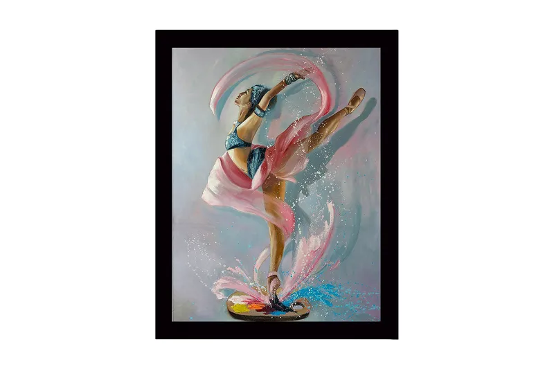 Innrammet lerretsbilde i tre - 41x56 cm - Elegant ballettdanser i dynamisk positur, Rosa / Blå / Beige
