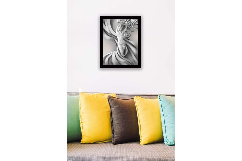 Innrammet lerretsbilde i tre - 41x56 cm - Elegant figur med svevende draperier og flagrende hår - Grå / Hvit / Svart - Innredning - Bilder & kunst