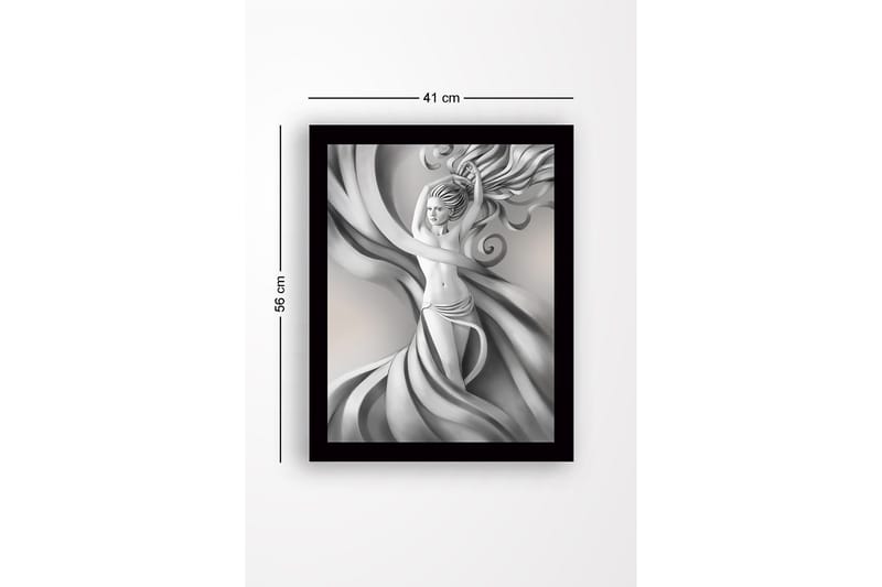 Innrammet lerretsbilde i tre - 41x56 cm - Elegant figur med svevende draperier og flagrende hår - Grå / Hvit / Svart - Innredning - Bilder & kunst