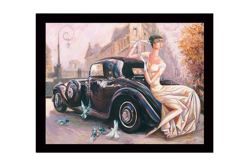 Innrammet lerretsbilde i tre - 41x56 cm - Elegant kvinne i hvit kjole sittende på en klassisk bil, Svart / Beige / Lys rosa