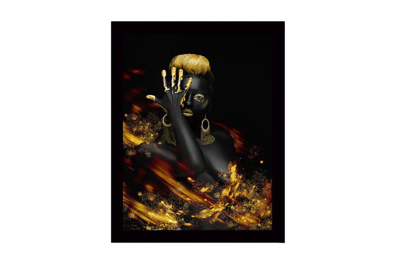 Innrammet lerretsbilde i tre - 41x56 cm - Elegant kvinne med gulldetaljer og svart bakgrunn, Svart / Gull