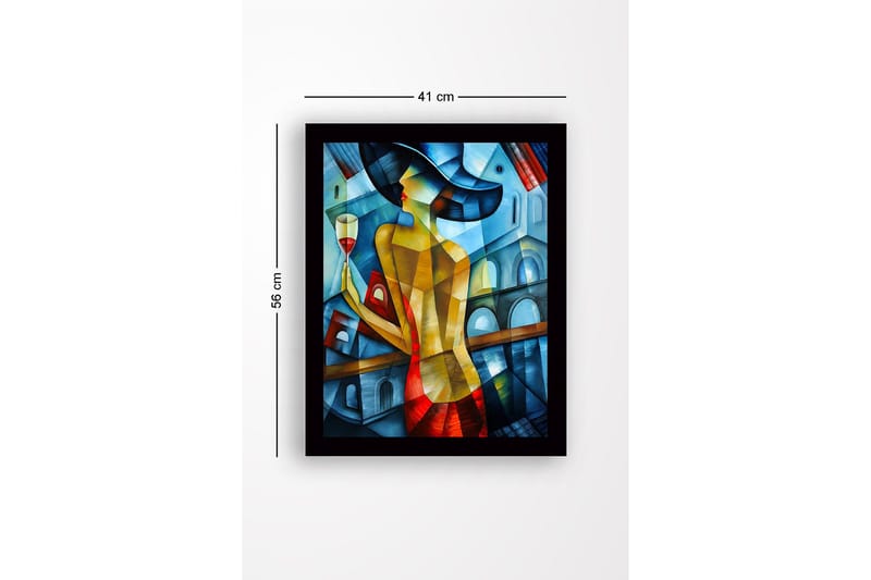 Innrammet lerretsbilde i tre - 41x56 cm - Elegant kvinne med vinglass i fargerike omgivelser - Blå / Rød / Gul - Innredning - Bilder & kunst