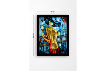 Innrammet lerretsbilde i tre - 41x56 cm - Elegant kvinne med vinglass i fargerike omgivelser - Blå / Rød / Gul - Innredning - Bilder & kunst