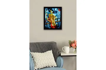 Innrammet lerretsbilde i tre - 41x56 cm - Elegant kvinne med vinglass i fargerike omgivelser - Blå / Rød / Gul - Innredning - Bilder & kunst