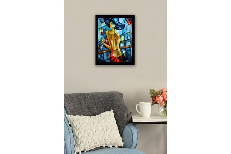Innrammet lerretsbilde i tre - 41x56 cm - Elegant kvinne med vinglass i fargerike omgivelser - Blå / Rød / Gul - Innredning - Bilder & kunst