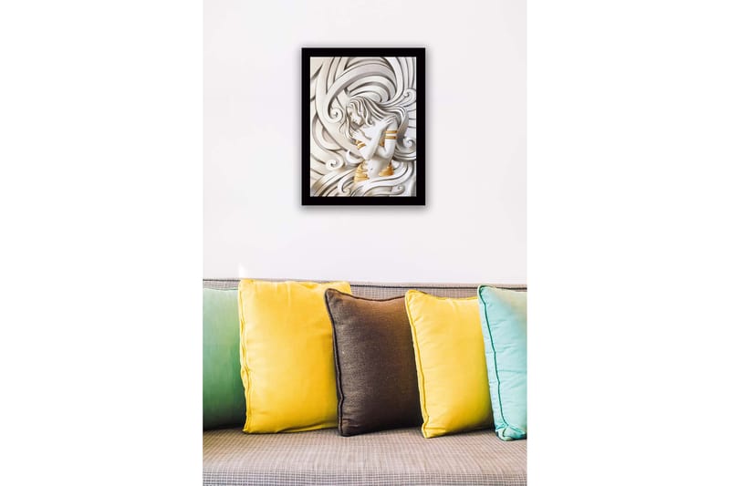 Innrammet lerretsbilde i tre - 41x56 cm - Elegant kvinne omgitt av svaiende linjer - Hvit / Gull / Grå - Innredning - Bilder & kunst