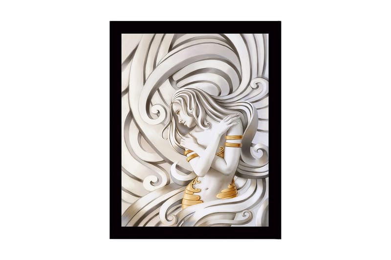 Innrammet lerretsbilde i tre - 41x56 cm - Elegant kvinne omgitt av svaiende linjer, Hvit / Gull / Grå