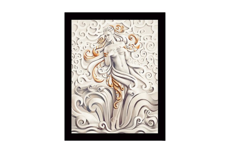 Innrammet lerretsbilde i tre - 41x56 cm - Elegant kvinnefigur omgitt av svaiende skyer og bølger, Grå / Beige / Oransje