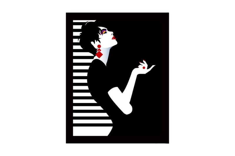 Innrammet lerretsbilde i tre - 41x56 cm - Elegant silhuett av en kvinne med dramatisk positur, Svart / Hvit / Rød