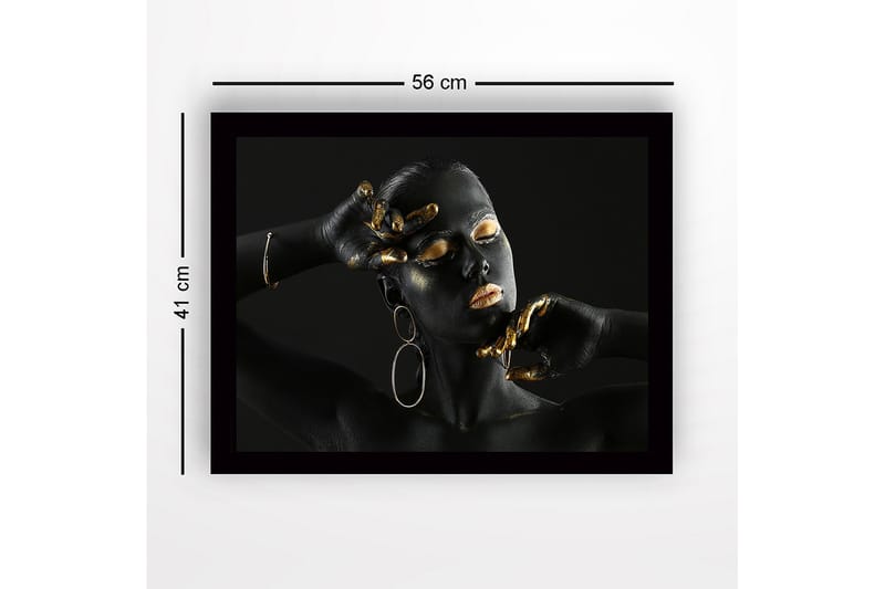 Innrammet lerretsbilde i tre - 41x56 cm - Elegant portrett av en kvinne med svart kroppsmaling og gulldetaljer - Svart / Gull - Innredning - Bilder & kunst