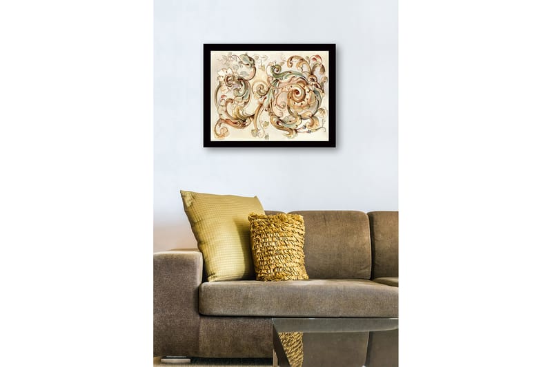 Innrammet lerretsbilde i tre - 41x56 cm - Elegante skriftruller og blomster i en harmonisk komposisjon - Lys grønn / Beige / Brun - Innredning - Bilder & kunst