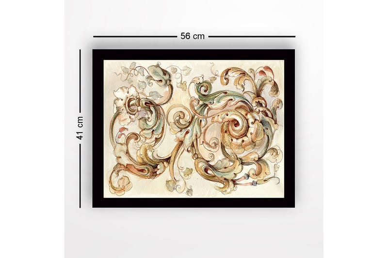 Innrammet lerretsbilde i tre - 41x56 cm - Elegante skriftruller og blomster i en harmonisk komposisjon - Lys grønn / Beige / Brun - Innredning - Bilder & kunst