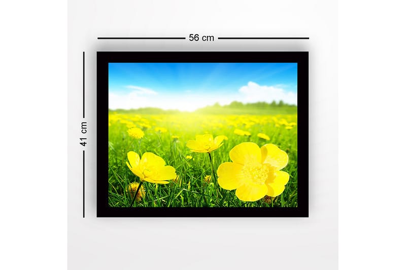 Innrammet lerretsbilde i tre - 41x56 cm - Eng med gule blomster i solrikt landskap - Gul / Grønn - Innredning - Bilder & kunst