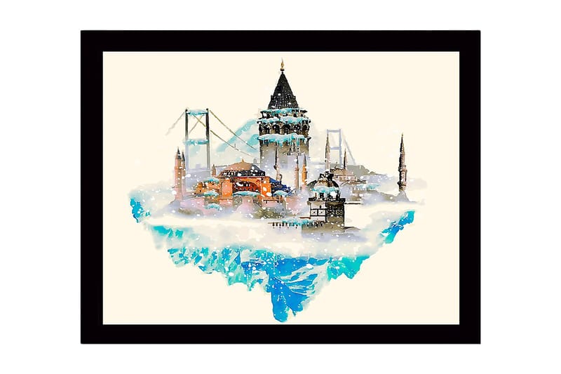 Innrammet lerretsbilde i tre - 41x56 cm - Fantasifull by med historiske bygninger og broer som flyter over en isfjelllignende struktur - Blå / Beige / Svart - Innredning - Bilder & kunst