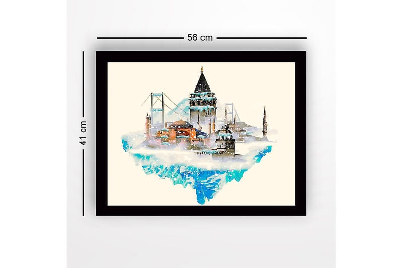 Innrammet lerretsbilde i tre - 41x56 cm - Fantasifull by med historiske bygninger og broer som flyter over en isfjelllignende struktur - Blå / Beige / Svart - Innredning - Bilder & kunst