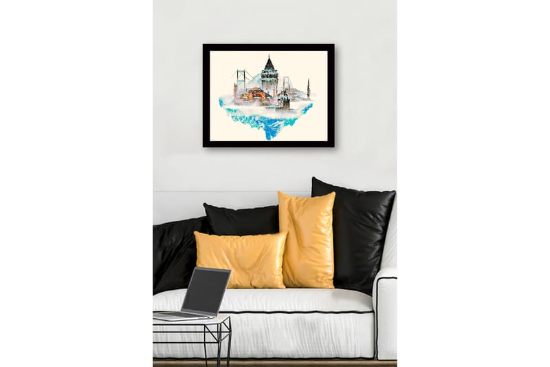 Innrammet lerretsbilde i tre - 41x56 cm - Fantasifull by med historiske bygninger og broer som flyter over en isfjelllignende struktur - Blå / Beige / Svart - Innredning - Bilder & kunst