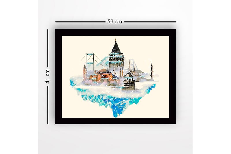 Innrammet lerretsbilde i tre - 41x56 cm - Fantasifull by med historiske bygninger og broer som flyter over en isfjelllignende struktur - Blå / Beige / Svart - Innredning - Bilder & kunst