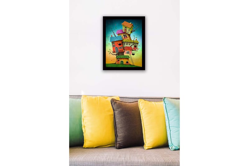 Innrammet lerretsbilde i tre - 41x56 cm - Fantasifull bygning med flere fargerike hus stablet oppå hverandre - Rød / Grønn / Blå - Innredning - Bilder & kunst