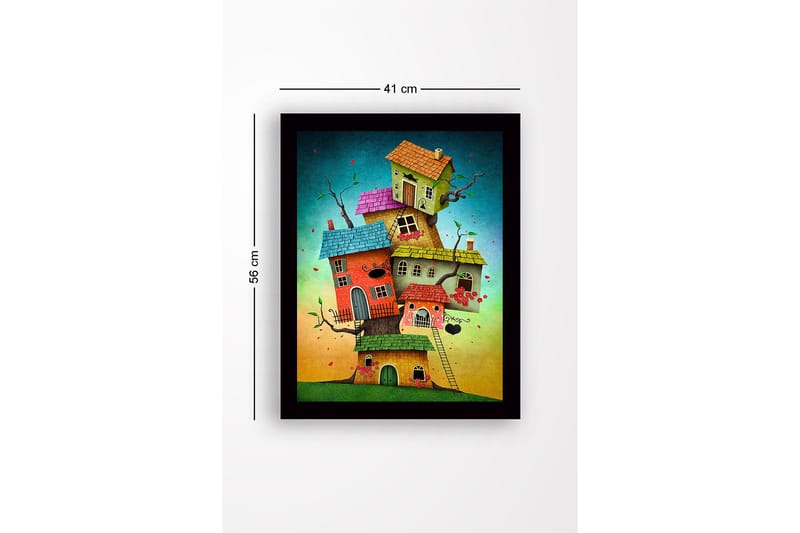 Innrammet lerretsbilde i tre - 41x56 cm - Fantasifull bygning med flere fargerike hus stablet oppå hverandre - Rød / Grønn / Blå - Innredning - Bilder & kunst