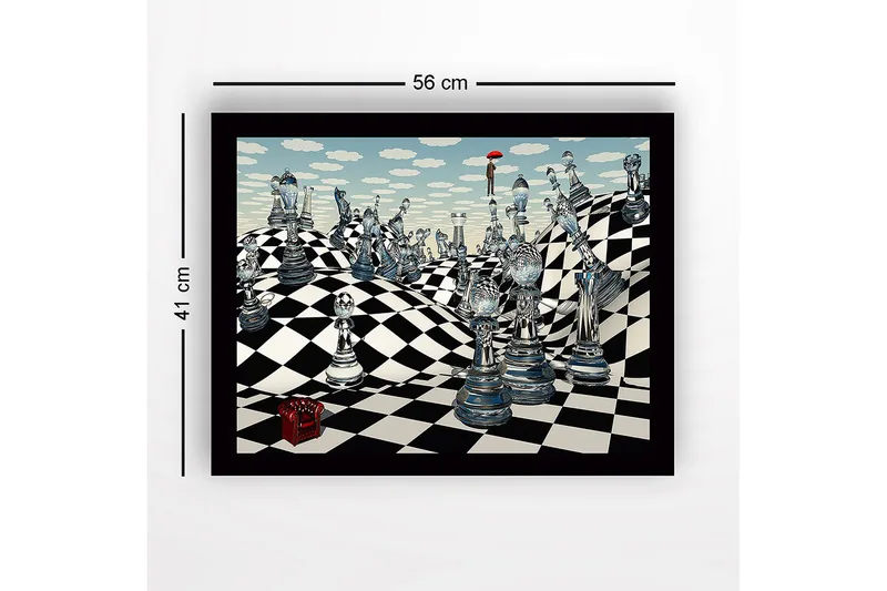 Innrammet lerretsbilde i tre - 41x56 cm - Fantasifullt sjakklandskap med gjennomsiktige sjakkbrikker og en figur med paraply - Blå / Svart / Hvit - Innredning - Bilder & kunst
