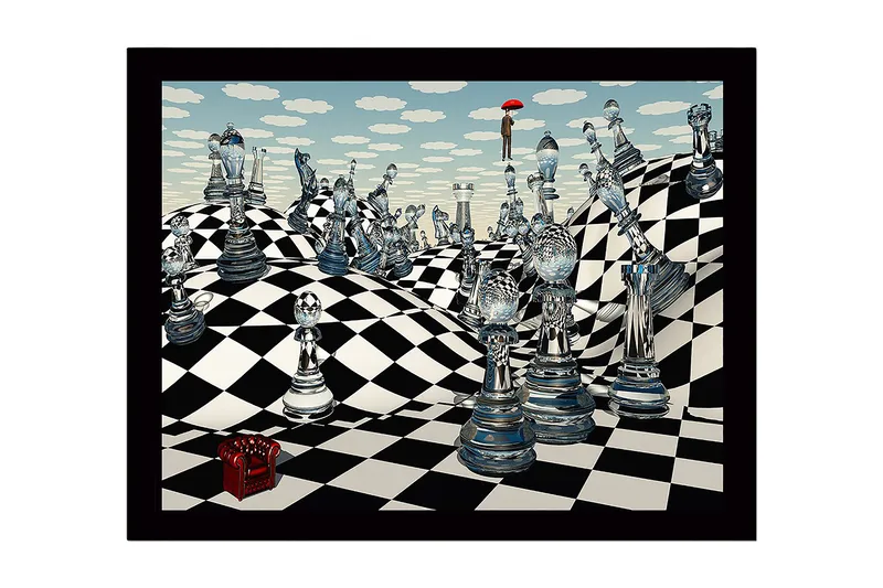 Innrammet lerretsbilde i tre - 41x56 cm - Fantasifullt sjakklandskap med gjennomsiktige sjakkbrikker og en figur med paraply - Blå / Svart / Hvit - Innredning - Bilder & kunst