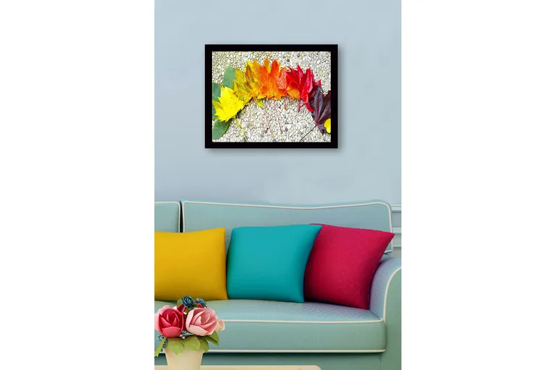 Innrammet lerretsbilde i tre - 41x56 cm - Fargefull rekke med høstblader i forskjellige nyanser - Gul / Oransje / Rød - Innredning - Bilder & kunst