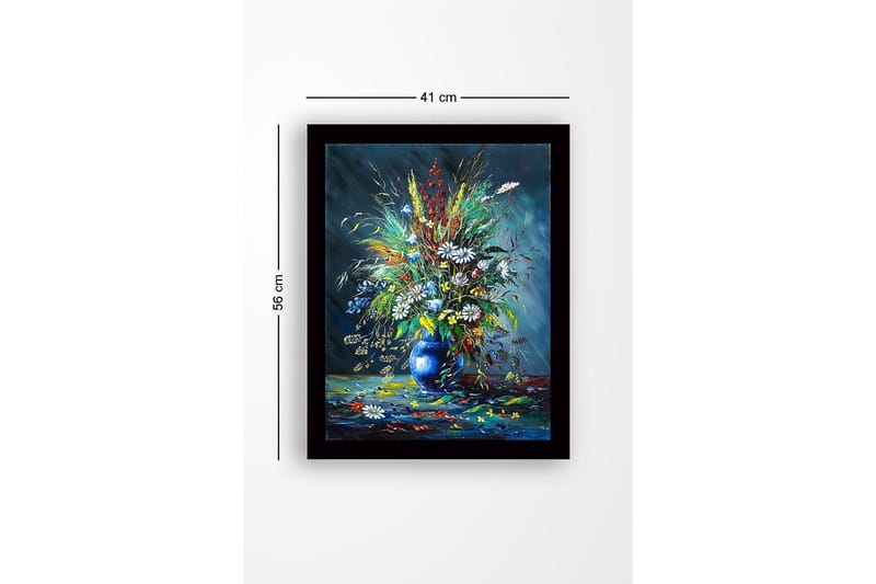Innrammet lerretsbilde i tre - 41x56 cm - Fargerik blomsterbukett i en blå vase - Blå / Grønn / Hvit - Innredning - Bilder & kunst